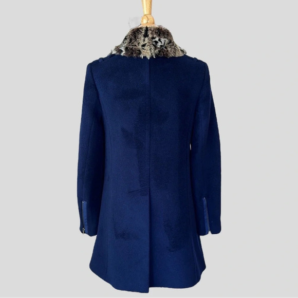 REBECCA TAYLOR Wool Blend Coat Faux Fur Collar Navy Blue, Size 2 - Picture 7 of 15